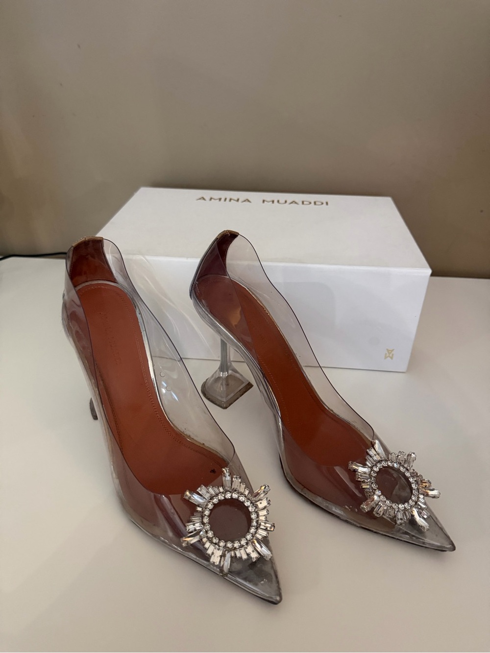 Amina Muaddi Clear PVC Pumps with Brown Insole and Crystal Sunburst